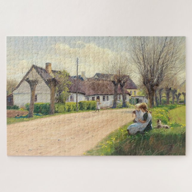 Quebra-cabeça Primavera na vila com garotas na estrada (Horizontal)