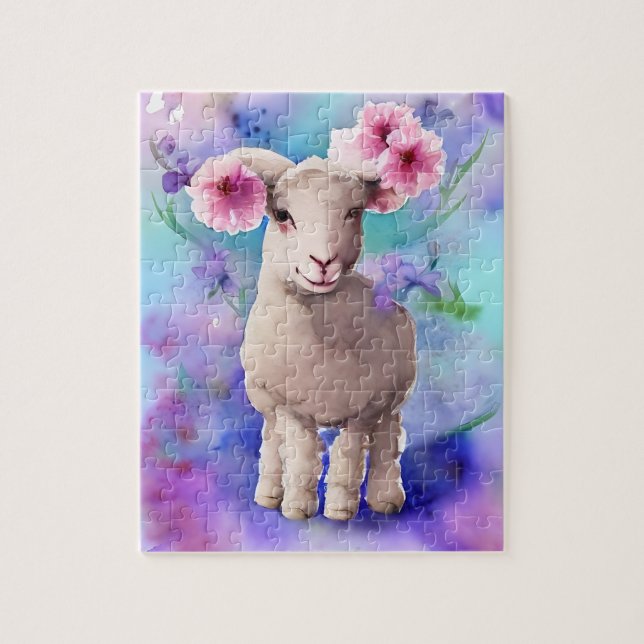 Quebra-cabeça Primavera Páscoa Lamb Aquarela Floral (Vertical)