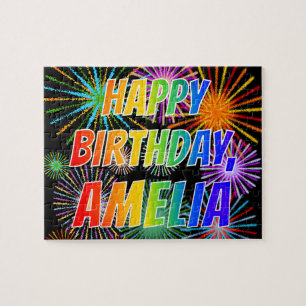 Quebra-cabeça Primeiro nome "AMELIA", Diversão "FELIZ ANIVERSÁRI