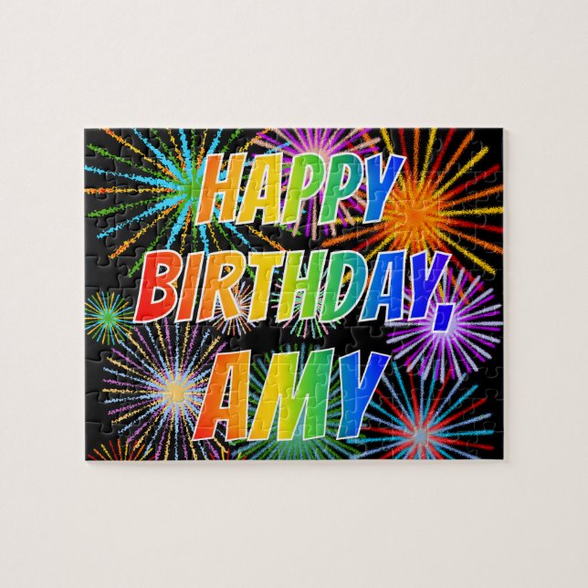 Quebra-cabeça Primeiro nome "AMY", Diversão "FELIZ ANIVERSÁRIO" (Horizontal)