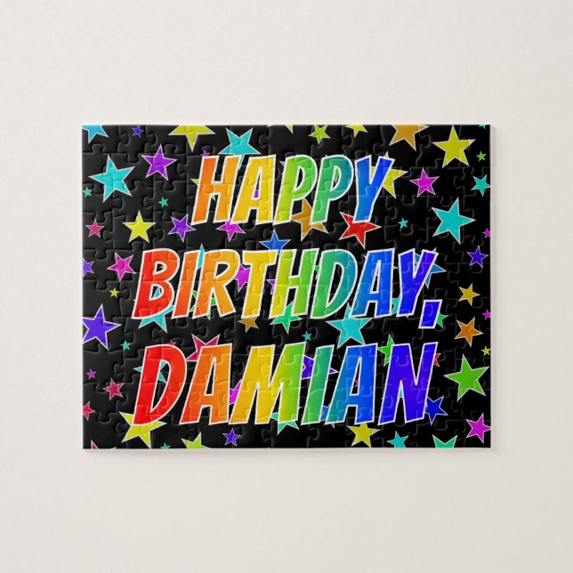Quebra-cabeça Primeiro nome "DAMIAN", divertido "FELIZ ANIVERSÁR (Horizontal)