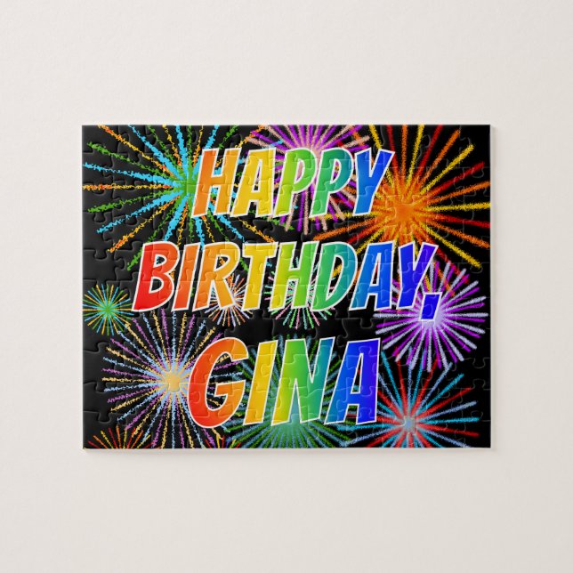 Quebra-cabeça Primeiro nome "GINA", Diversão "FELIZ ANIVERSÁRIO" (Horizontal)