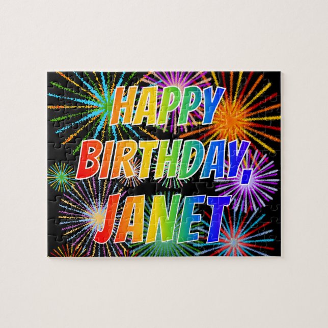 Quebra-cabeça Primeiro nome "JANET", Diversão "FELIZ ANIVERSÁRIO (Horizontal)