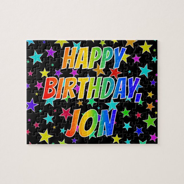 Quebra-cabeça Primeiro nome "JON", divertido "FELIZ ANIVERSÁRIO" (Horizontal)