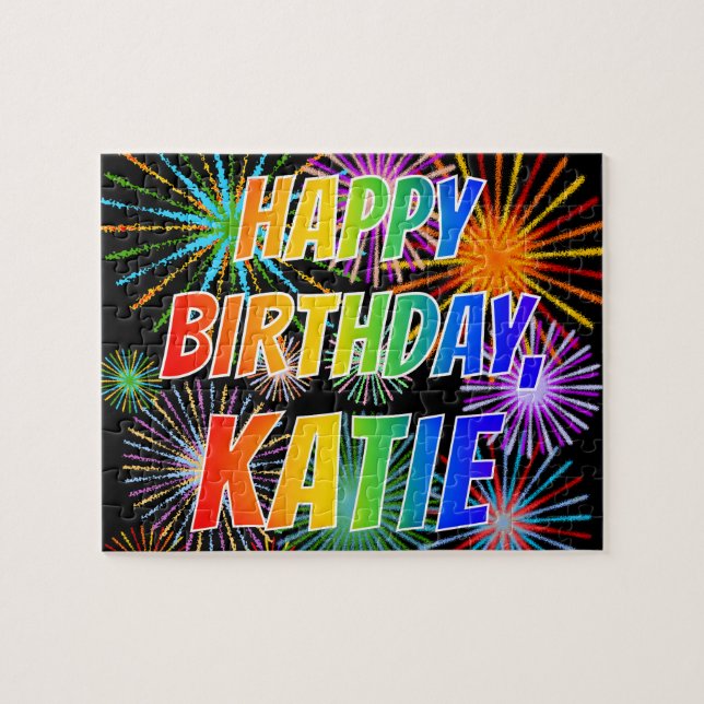 Quebra-cabeça Primeiro nome "KATIE", Diversão "FELIZ ANIVERSÁRIO (Horizontal)