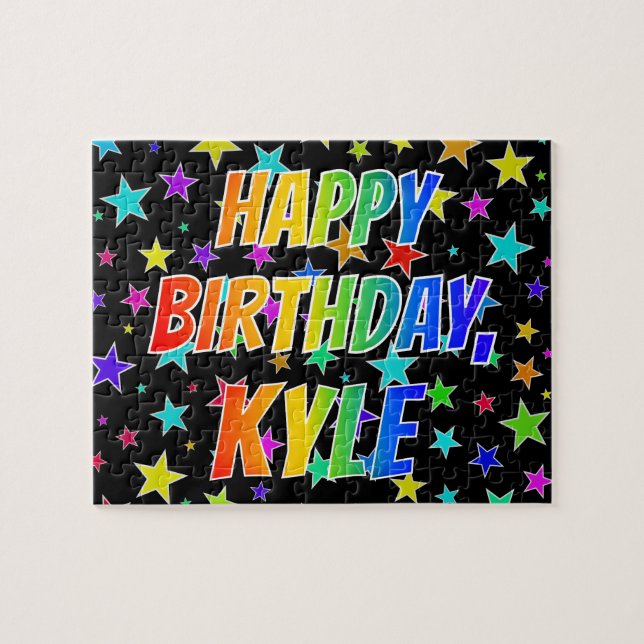 Quebra-cabeça Primeiro nome "KYLE", divertido "FELIZ ANIVERSÁRIO (Horizontal)