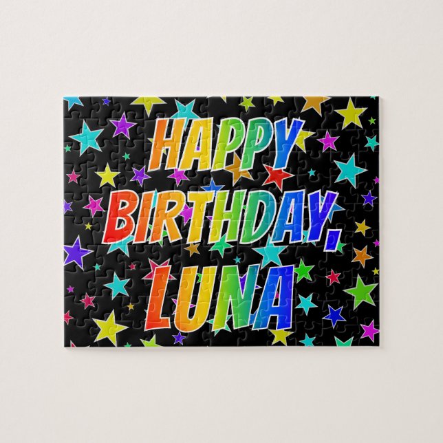 Quebra-cabeça Primeiro nome "LUNA", divertido "FELIZ ANIVERSÁRIO (Horizontal)