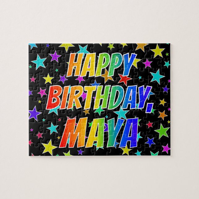 Quebra-cabeça Primeiro nome "MAYA", divertido "FELIZ ANIVERSÁRIO (Horizontal)