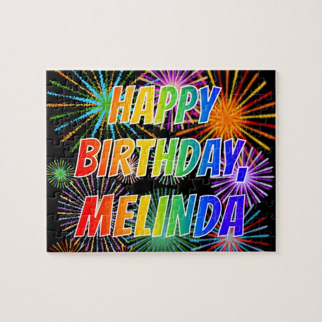 Quebra-cabeça Primeiro nome "MELINDA", Diversão "FELIZ ANIVERSÁR (Horizontal)