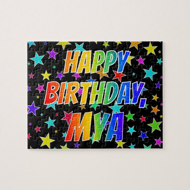 Quebra-cabeça Primeiro nome "MYA", divertido "Feliz aniversário" (Horizontal)
