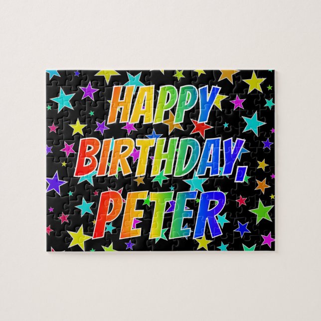 Quebra-cabeça Primeiro nome "PETER", divertido "FELIZ ANIVERSÁRI (Horizontal)