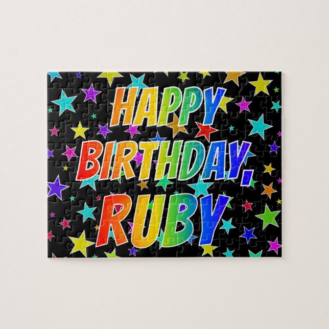 Quebra-cabeça Primeiro nome "RUBY", Diversão "FELIZ ANIVERSÁRIO" (Horizontal)