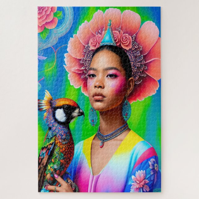 Quebra-cabeça Princesa Floral com uma ave (Vertical)