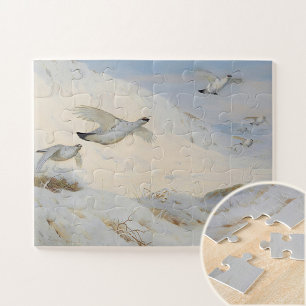 Quebra-cabeça Ptarmigan na plumagem de inverno, voando através d