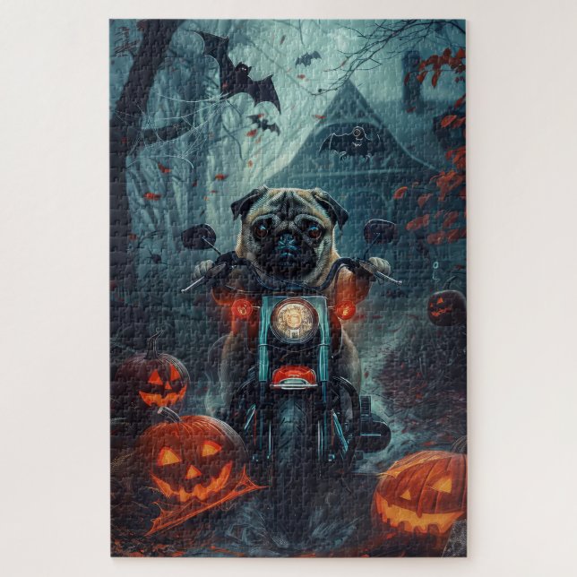 Quebra-cabeça Pug Andando de Moto Halloween Assustador (Vertical)