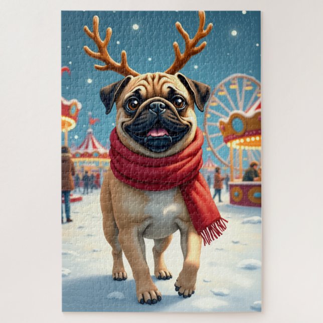 Quebra-cabeça Pug at the Winter Fairgrounds Christmas Painting (Vertical)