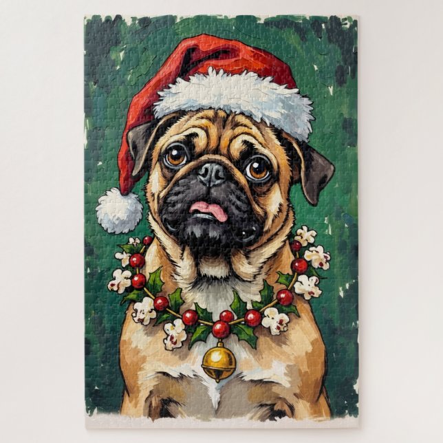 Quebra-cabeça Pug Comendo o Chapéu de Grinalda de Natal (Vertical)