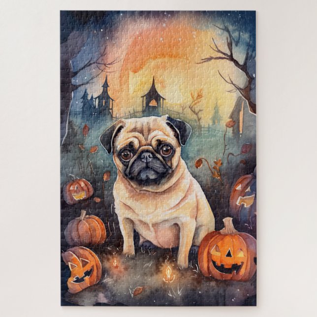 Quebra-cabeça Pug de Halloween com Abóboras Assustadoras (Vertical)