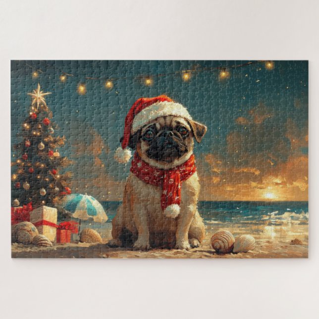 Quebra-cabeça Pug Dog Christmas Vintage Beach (Horizontal)