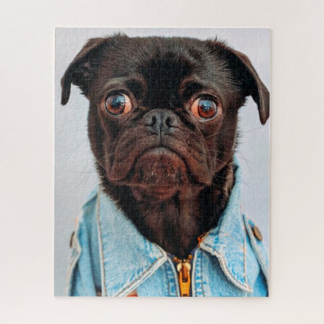 Quebra-cabeça Pug em Denim Jackey Cachorro Adorável (Vertical)