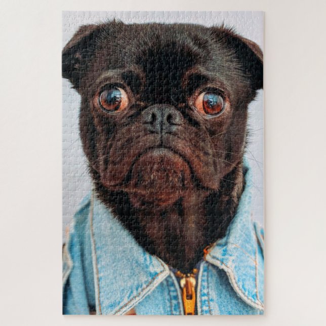Quebra-cabeça Pug em Denim Jackey Cachorro Adorável (Vertical)
