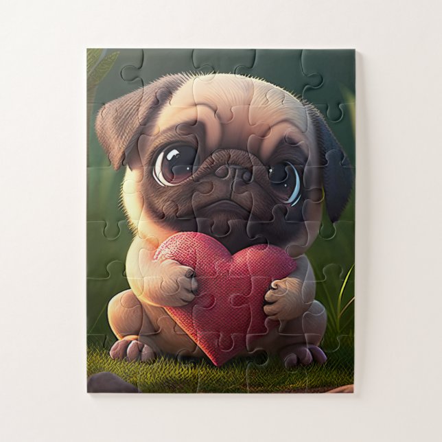 Quebra-cabeça Pug Fofo Segurando um Coração (Vertical)