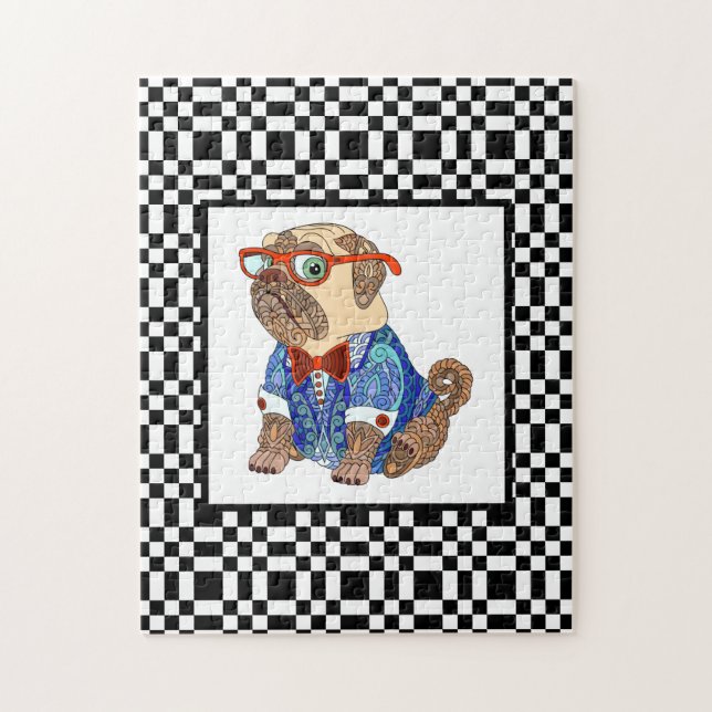 Quebra-cabeça Pug Hipster em Tabuleiro de Xadrez Preto e Branco  (Vertical)