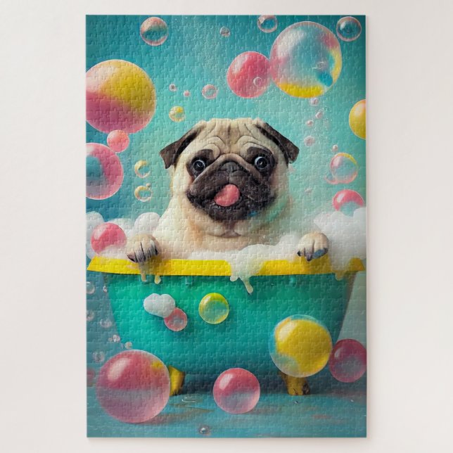 Quebra-cabeça Pug in Bathtub com bolhas (Vertical)