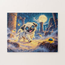 Pug Múmia do Halloween nas Ruínas do Deserto
