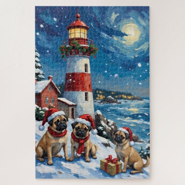Quebra-cabeça Pug Natal Farol Férias (Vertical)