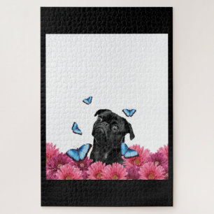 Quebra-cabeça Pug Preto Com Borboletas Azuis E Gerberas