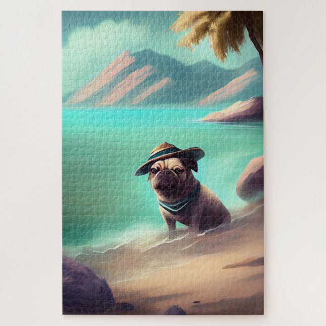 Quebra-cabeça Pug se divertindo na pintura de praia (Vertical)