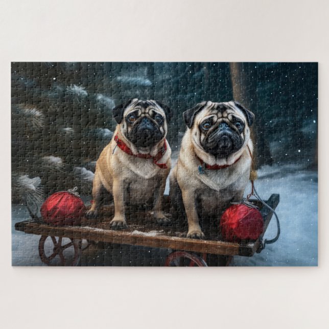 Quebra-cabeça Pug Snowy Sleigh Decoração de Natal (Horizontal)