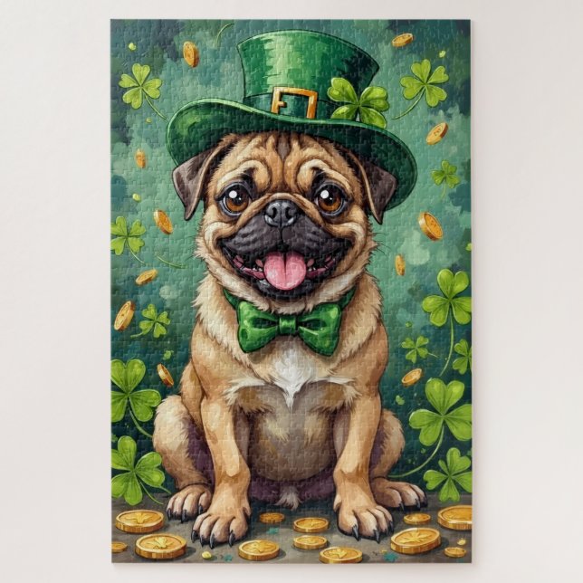 Quebra-cabeça Pug St Patrick’s Day Funny Lucky Dog (Vertical)