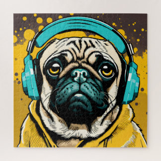 Quebra-cabeça Pug vestindo fones de ouvido
