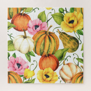 Quebra-cabeça Pumpkins Girassóis: Design de padrão de aquarela
