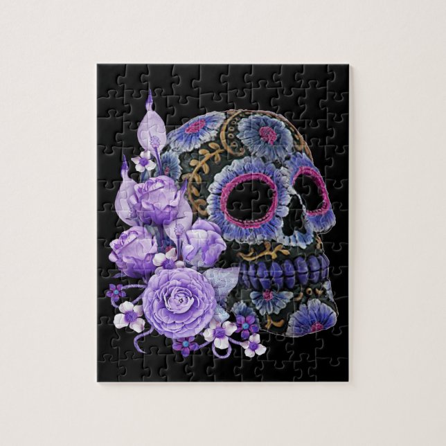 Quebra-cabeça Purple Floral Black Sugar Skull Dia Dos Mortos (Vertical)