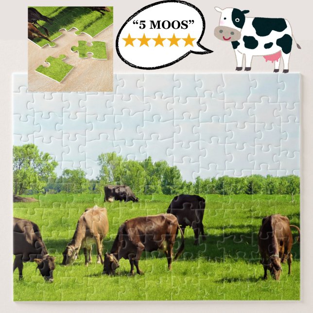 Quebra-cabeça Puzzle - brown cows grazing in green pasture  (Grazing cows jigsaw puzzle)