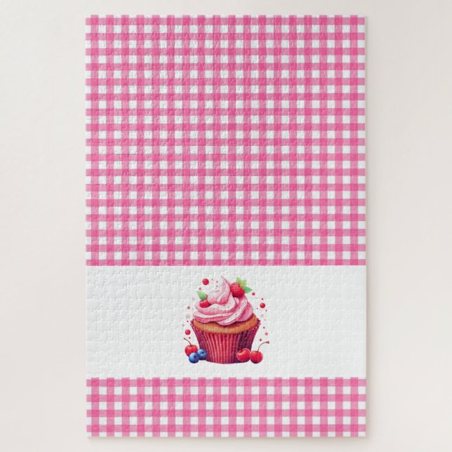 Quebra-cabeça Puzzles de Cupcake de Morango Xadrez Rosa  (Vertical)