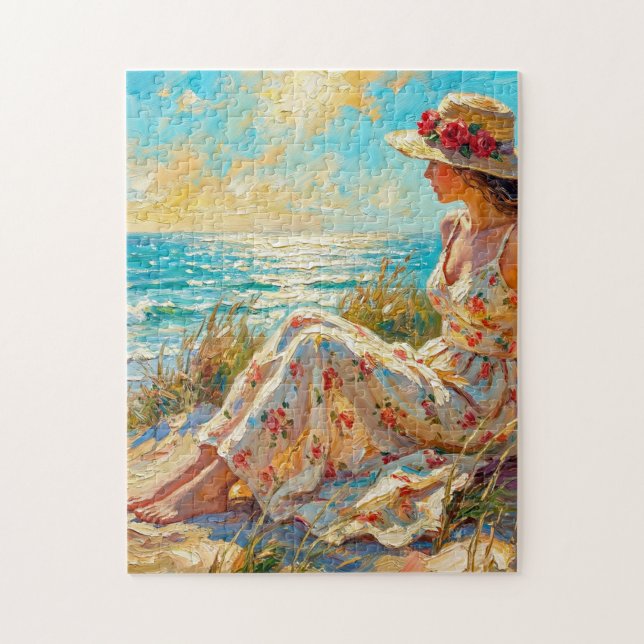 Quebra-cabeça Quadro de Senhora na Praia Impressionista a óleo – (Vertical)