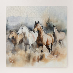 Quebra-cabeça “Quatro Mustangs Selvagens” Aquarela Ocidental Emp