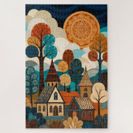Quebra-cabeça Quilted Folk Art Village - Patchwork Sun & Trees L