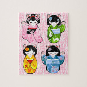 Quebra-cabeça Quimono Kokeshi do gato de Maneki Neko Kawaii de