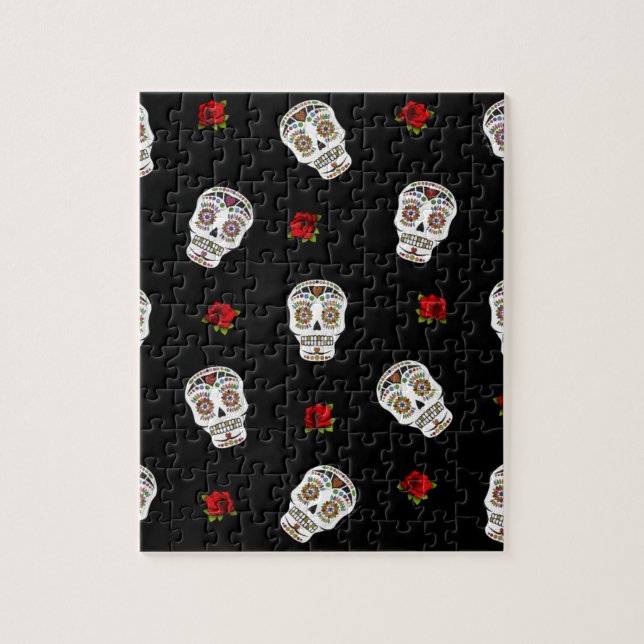 Quebra-cabeça RAB Rockabilly Açúcares Caveiras Rosas Em Preto (Vertical)