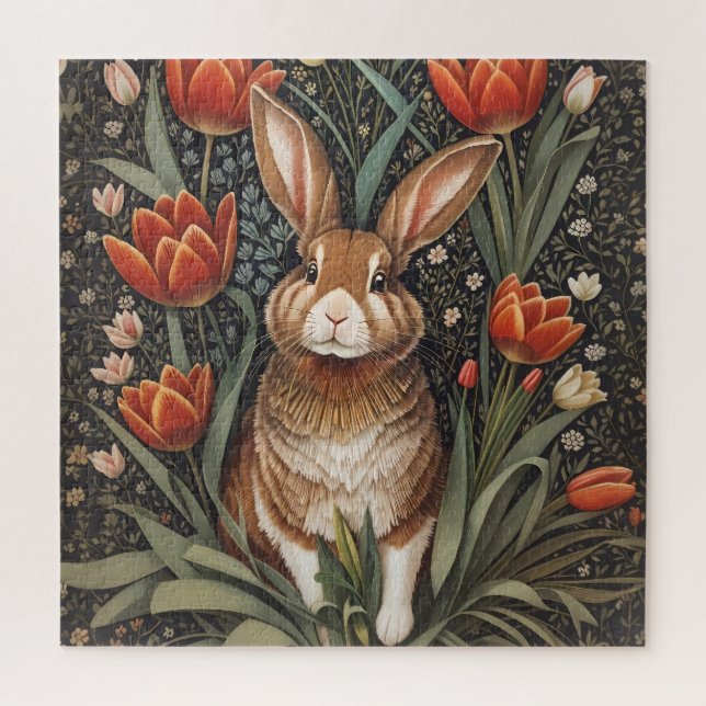 Quebra-cabeça Rabbit vermelho Tulipas William Morris inspiradas (Vertical)