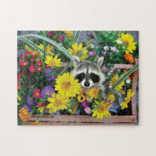 Quebra-cabeça Raccoon Escondendo-se em Flores