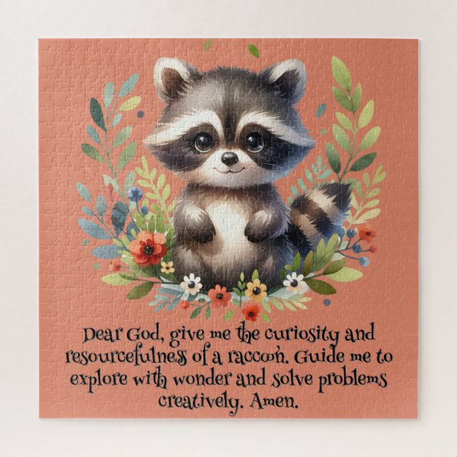 Quebra-cabeça Raccoon Woodland Kids Christian Prayer a Rosa | (Vertical)