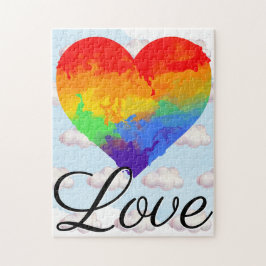 Quebra-cabeça Rainbow Heart Watercolor w Love Script Typografia