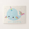 Rainbow Narwhal Kawaii Padrão Pastel Nome Azul