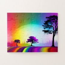 Rainbow Road Through Silhouette Trees with Purple